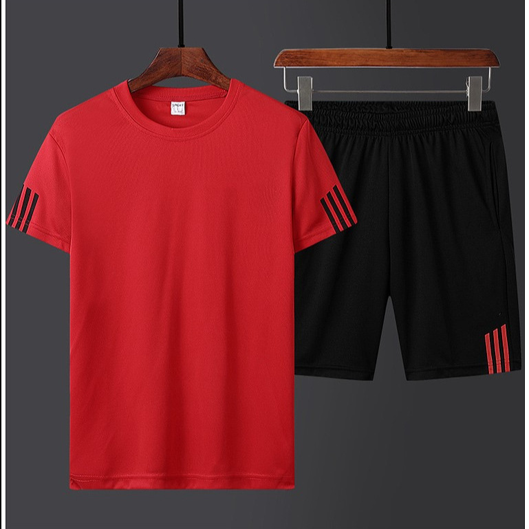 Traje deportivo transfronterizo de verano de secado rápido para hombre, conjunto de pantalón corto y camiseta de manga corta, traje de tres rayas personalizado para comercio exterior, conjunto de dos piezas de talla grande para hombre