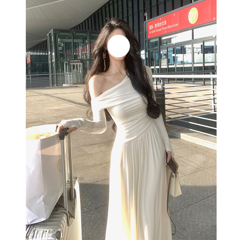 New Style White Flap Collar Off-shoulder Knitted A- line dress Women's Back Lace-up Design Tight Waist Slim-fit Long Skirt