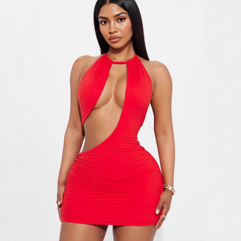 European and American Cross-Border Sexy Hot Girl Lv Clothes Pure Color Slim Fit Hip Cut Out Halterneck Short Dress Lv Skirt