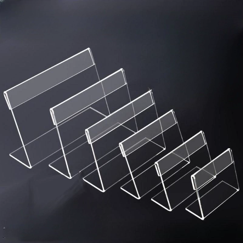 Оптовая продажа, небольшой акриловый L-образный продукт, прозрачный пластиковый ценник, полка, держатель ценника, витрина из плексигласа