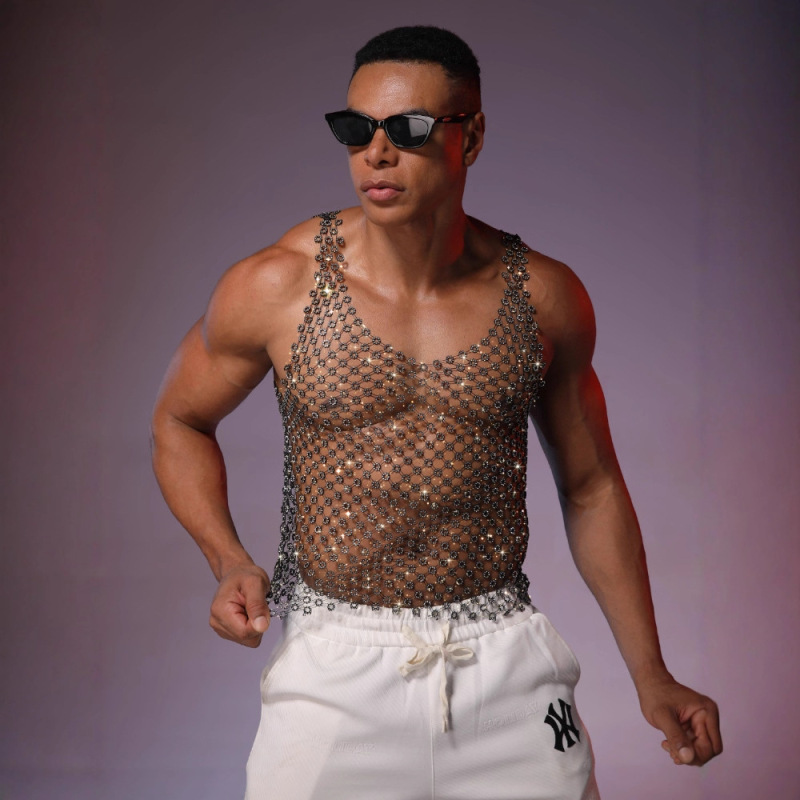 Amazon Cross-Border European and American Nightclub Men's Mesh Rhinestone T-Shirt Fishnet Rhinestone Party See-Through Vest Mesh Clothing for Men