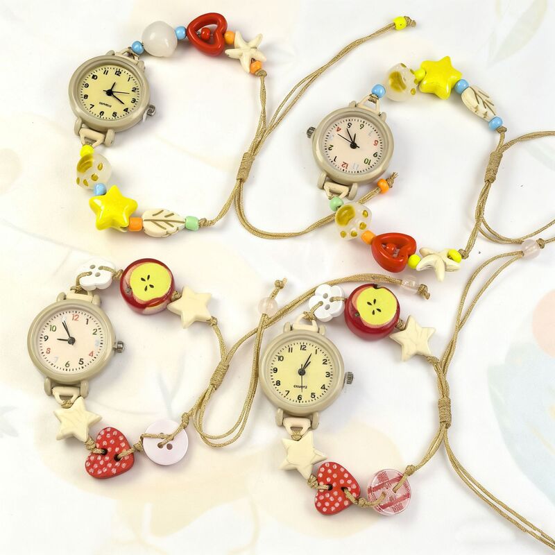 Dopamine Color Candy Color Girls Watch Cute Apple Cat Claw Hand-Woven Beaded Bracelet Ladies Watch