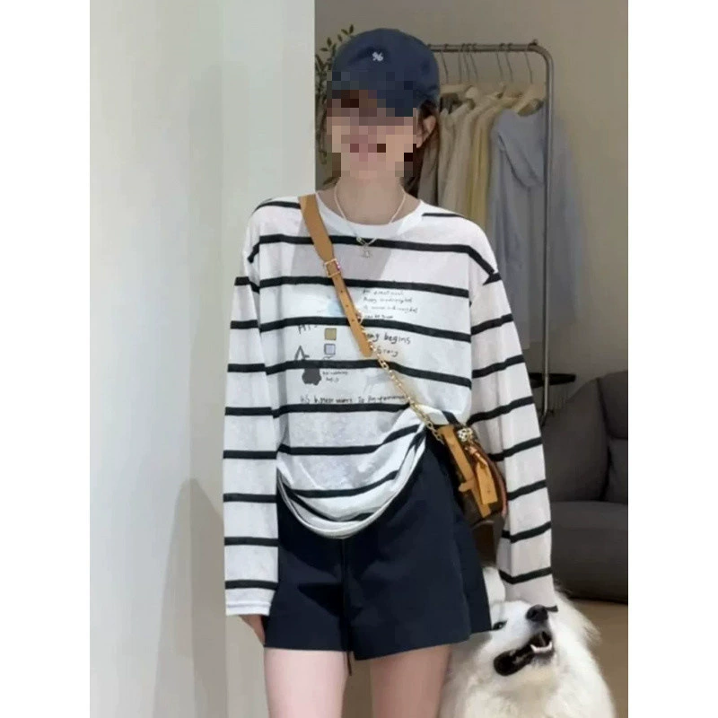 YS8 с принтом в полоску, легкая солнцезащитная одежда, футболка с длинными рукавами для женщин, лето 2025, новый стиль, свободная блузка для похудения