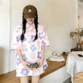 夏季彩色碎花短袖衬衫女宽松显瘦翻领上衣复古休闲甜美百搭衬衣潮