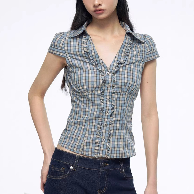 Blue Ruffled Striped V-Neck Shirt with a Tailored Waist and Short Sleeves for Summer
