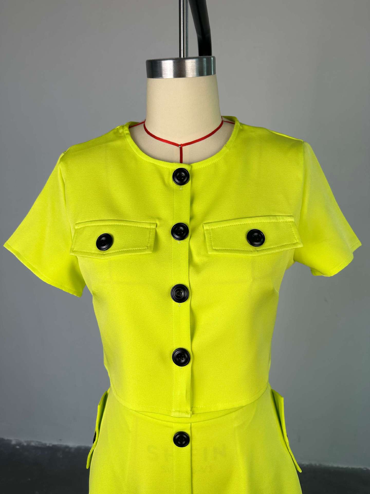 Women Clothing Summer Crew Neck Short Sleeve Top High Waist Breasted Skirt Set