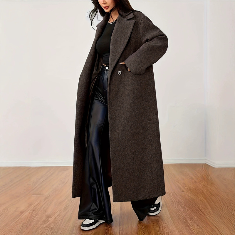 2026 autumn/winter new collection: women's long, loose-fitting, dark brown wool coat with a notched lapel and a single-button closure, featuring a flowing, elegant drape