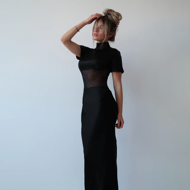 Autumn Socialite Elegant Sexy Mesh Slim Fit Stitching Small Turtleneck Dress Women