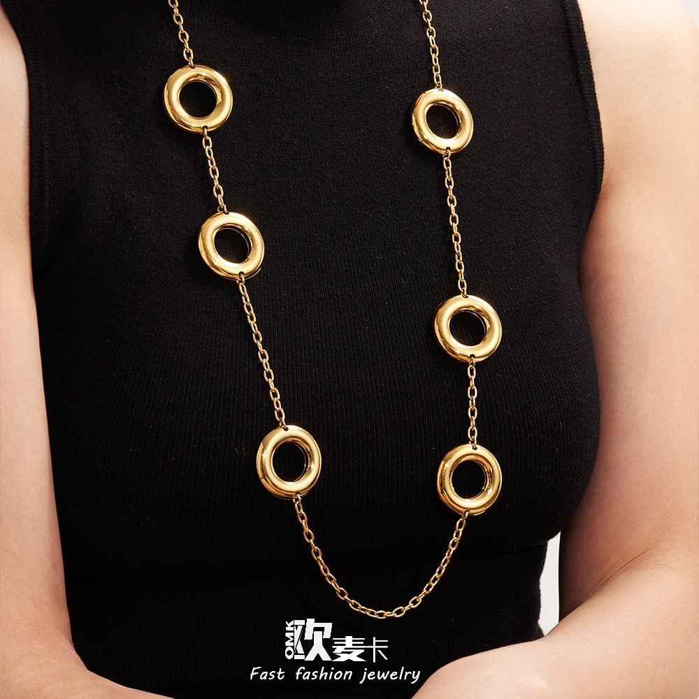 欧麦卡不锈钢大圆圈长款双色毛衣项链欧美个性时尚简约饰品不掉色