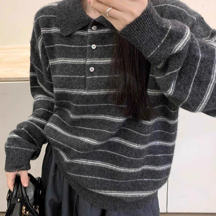 复古灰色条纹polo领毛衣女秋季老钱风穿搭慵懒宽松软糯针织衫上衣|undefined