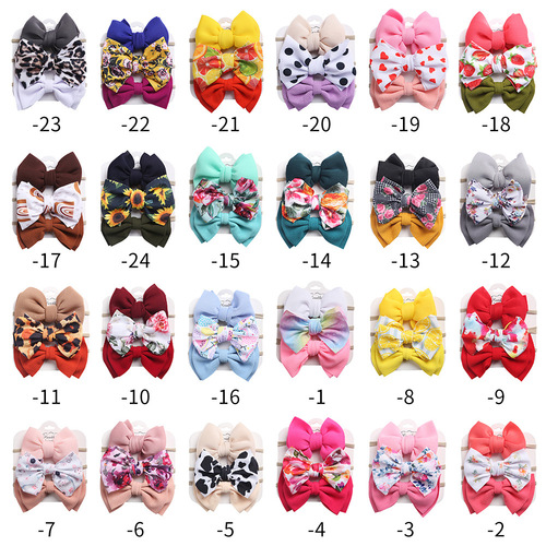 European and American simple children's headwear solid color printed bow nylon headband three-piece set baby hairband set for men and women