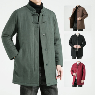 2024 Winter Chinese Style Men's Buckle Collar Solid Color Linen Mid-length Down Cotton-padded Jacket Thickened Cotton-padded Jacket