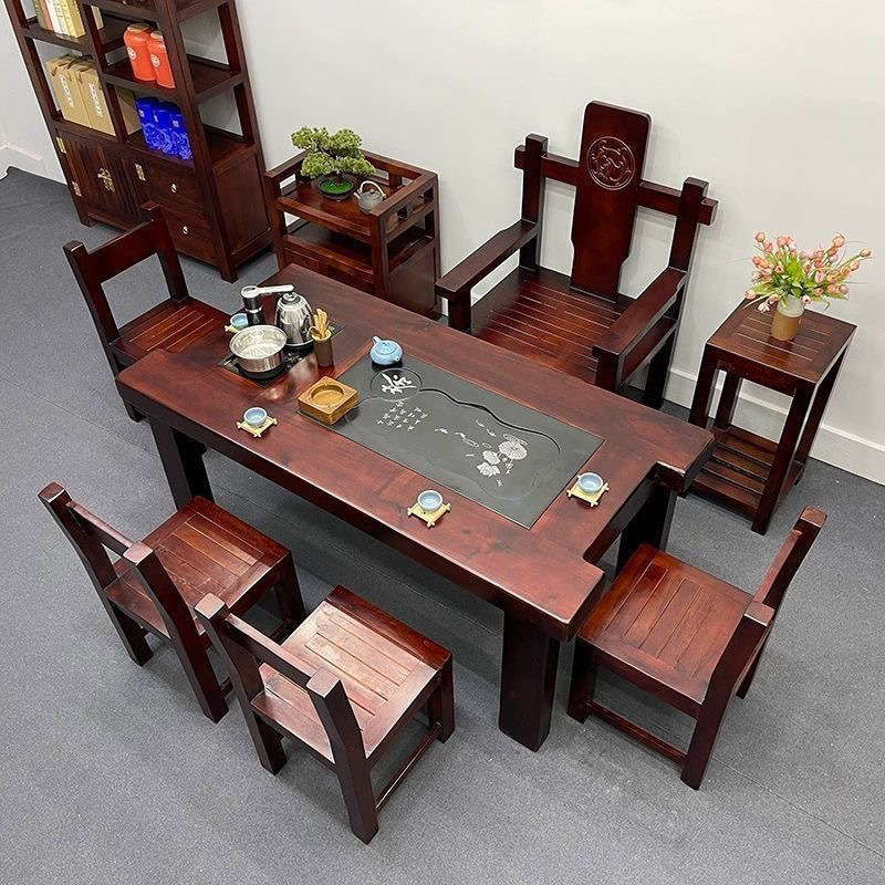 Mesa de té de madera de barco viejo, mesa y silla combinada de kung fu, mesa de té de sala de estar de madera maciza doméstica de estilo chino, conjunto de mesa de té de oficina integral