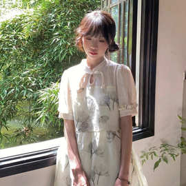 新中式少女改良旗袍连衣裙女装2026新款夏季盘扣水墨印花开叉裙子