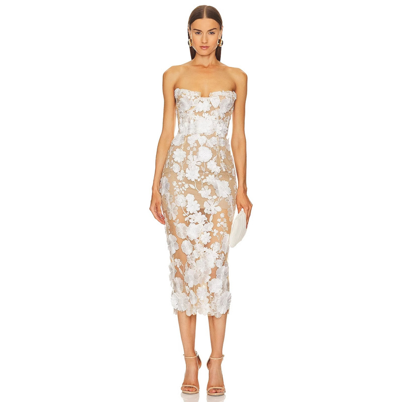 New European and American Style Holiday Photo Shoot Dress, Strapless Mesh Floral Mid-Length Gown for Annual Party and Runway Show New European and American Style Holiday Photo Shoot Dress, Strapless Mesh Floral Mid-Length Gown for Annual Party and Runway Show