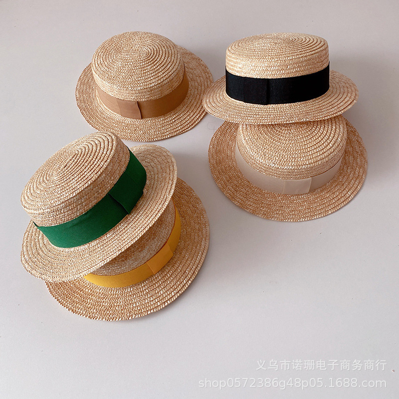 Sombrero de paja de trigo plano para niños, estilo coreano, para playa, ala ancha, protección solar, moda