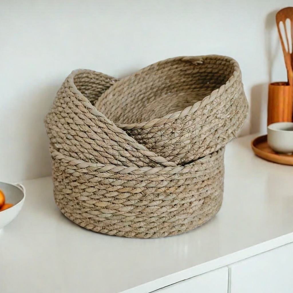 Cesta de tejido de almacenamiento Cesta de tejido de acabado Cesta de almacenamiento Cesta de tejido de caña Mesa Caja de almacenamiento redonda Snack Miscellio tejido de paja
