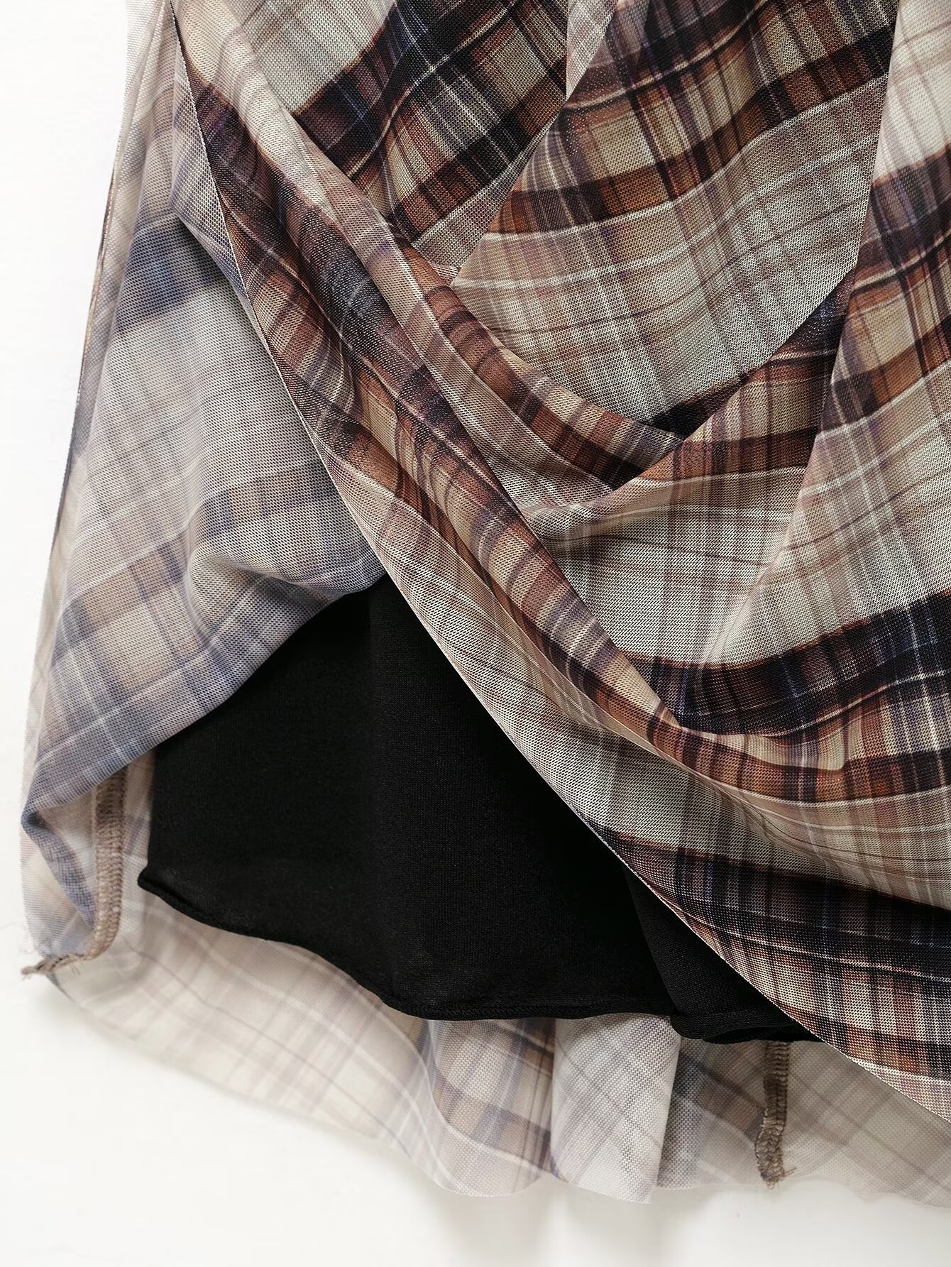 Women Clothing round Neck Loose Casual Plaid Silk Net Long Sleeve Dress