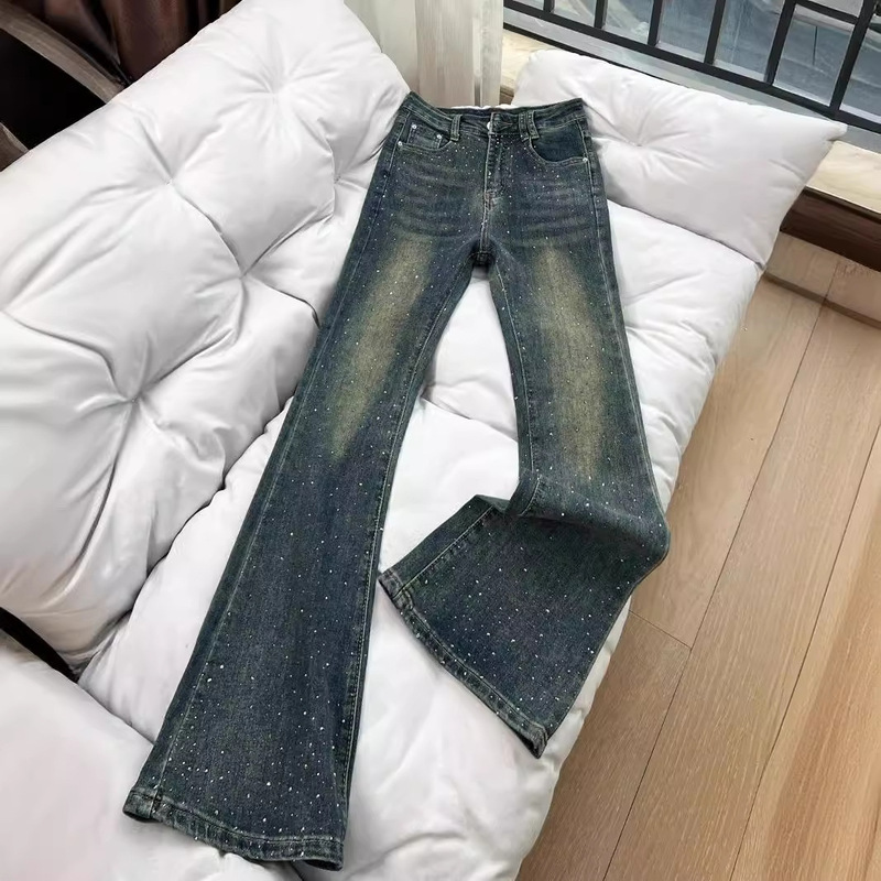 Rhinestone Micro-Lafite Jeans Women's Spring Vintage Washed Dressed Pants High Waist Slim-Fit Slimming Trumpet Trousers