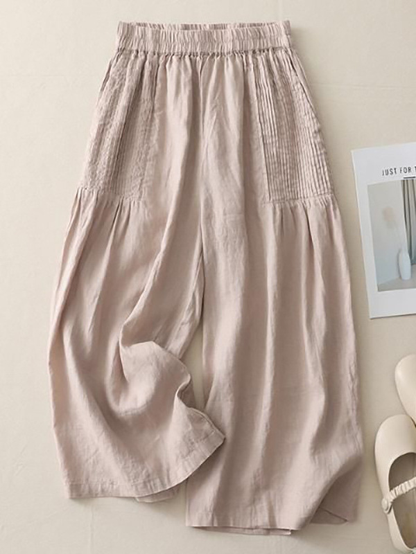 Retro Pleated Cotton and Linen Wide-Leg Pants Skirt This Spring and Summer New Style Literary and Simple Pure Color High-Waisted Straight Pants for Women