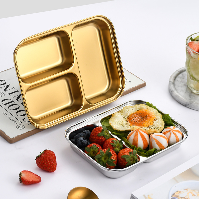 304 Stainless Steel Lattice Box Household Small Lattice Plate Children's and Student's Lunch Box Lunch Box Thickened Stainless Steel Canteen Fast Food Plate