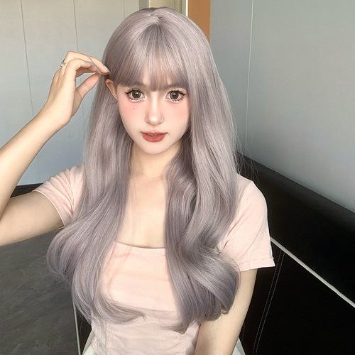 Cheng Ming Wig Female Gray Purple Water Ripple Internet Celebrity Simulation Big Wave Long Curly Hair  Summer Fashion Full Head Cover