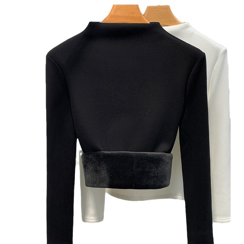 Camiseta de cuello medio alto para mujer, novedad de 2024, ropa de mujer, color sólido, acanalada, con forro polar integrado, capa interior cálida, top grueso con forro polar