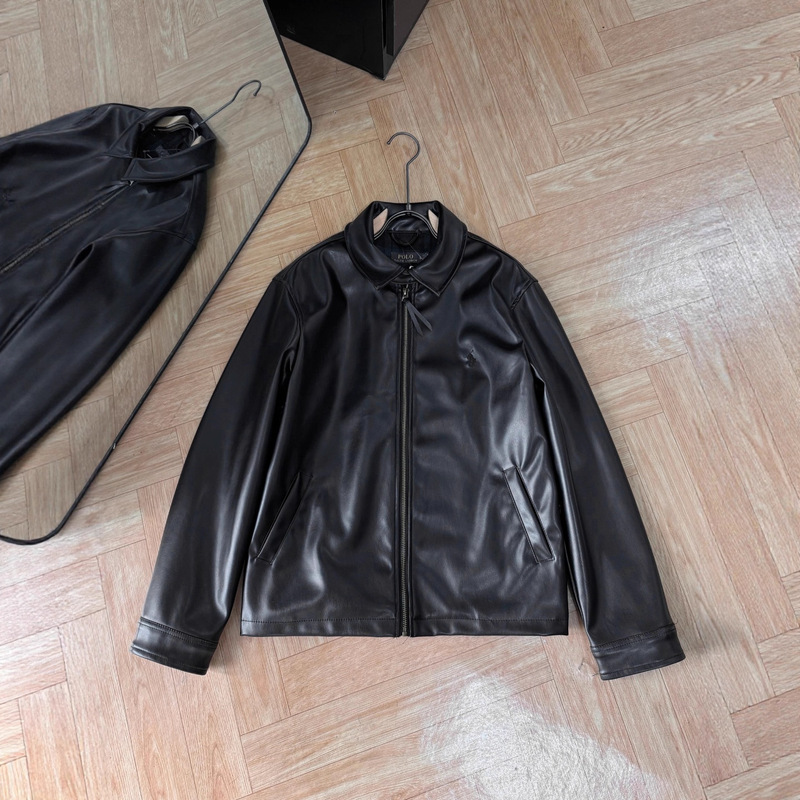 Rl Embroidered Logo High-Quality Supplier Cross-Border Men's Autumn and Winter Zip-Up Long-Sleeve Leather Jacket Coat
