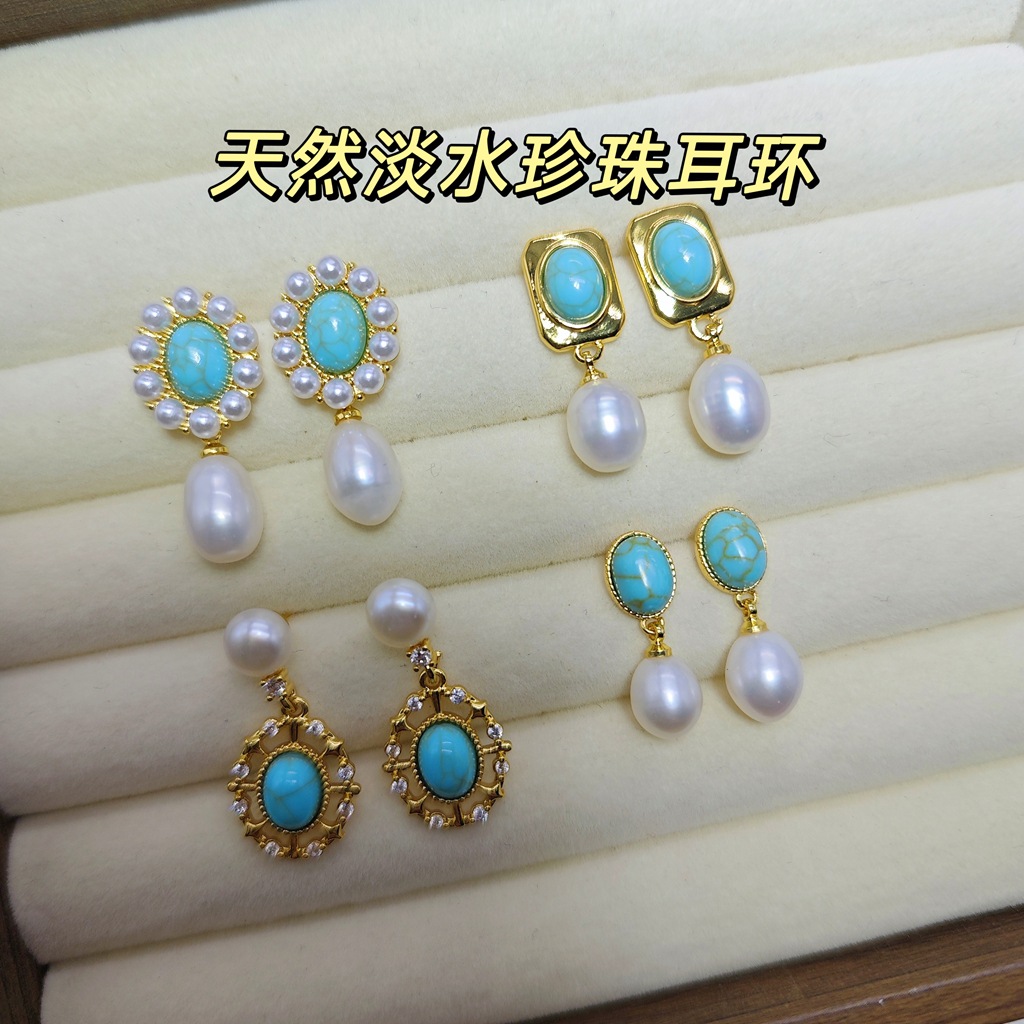 Cross-Border European and American Style Imitation Turquoise Natural Freshwater Pearl Earrings with Zircon and Diamond Inlays, Luxurious High-End Earrings Wholesale