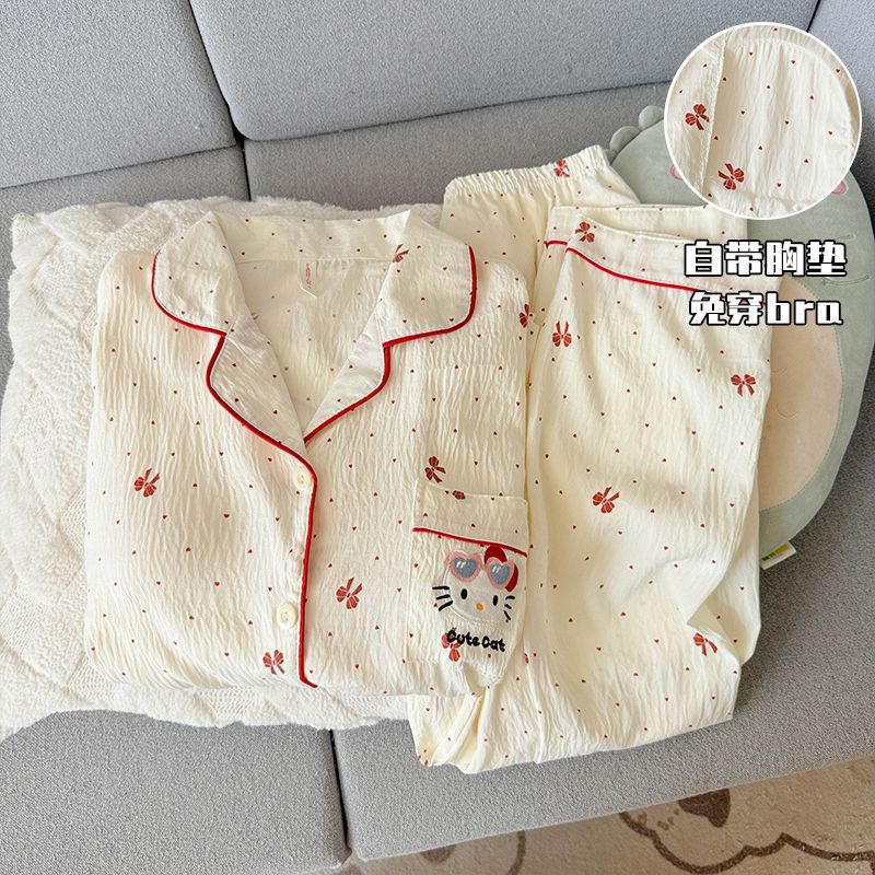Otoño nubes de algodón correa cojín de pecho dibujos animados lindos cardigan con solapa dulce pijamas para niñas set de ropa de casa se puede usar fuera
