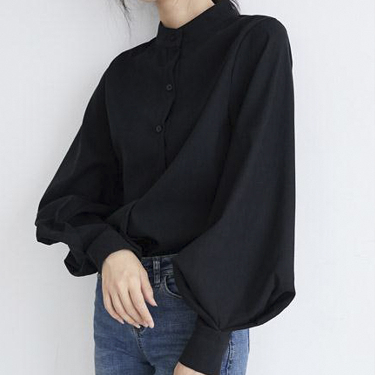 Pure black semi-high collar lantern sleeve long sleeve shirt women's top spring and autumn shirt cardigan inner professional wear temperament