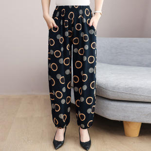 Summer pajama pants women's trousers plus size cotton silk loose plus size middle-aged and elderly single thin ankle-tied pants mosquito-proof pants