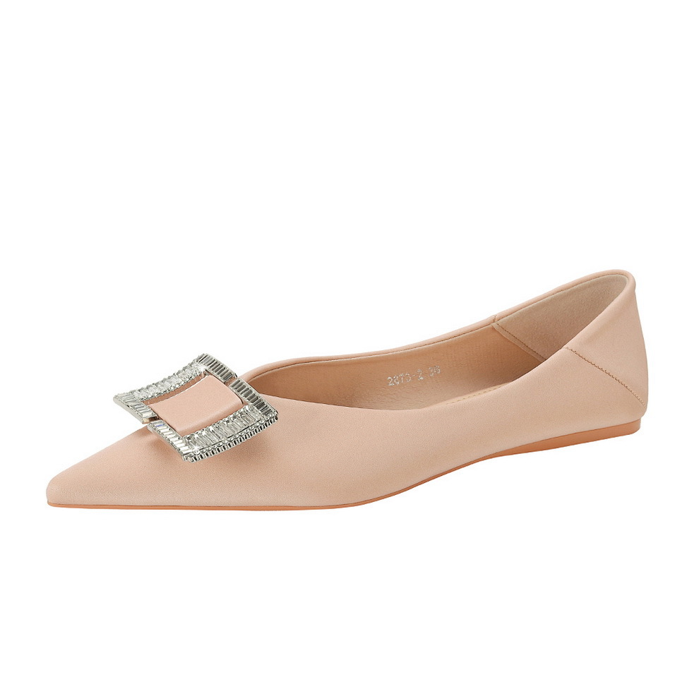 2873-K71 Korean Fashion Flat Heels Women's Shoes Satin Shallow Mouth Pointed Metal Button Water Diamond Button Single Shoes Flat Shoes Women's