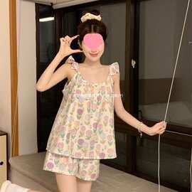 特大码小飞袖吊带短裤睡衣套装甜美可居服夏天两件套可外穿