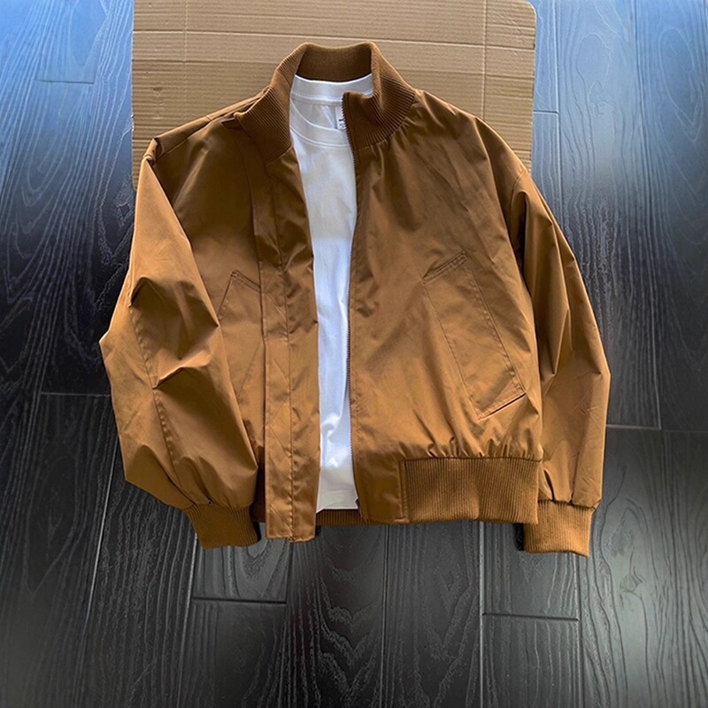 Cross-border brown American-style short bomber jacket for men, autumn stand-up collar baseball jacket, high-end workwear coat Cross-border brown American-style short bomber jacket for men, autumn stand-up collar baseball jacket, high-end workwear coat