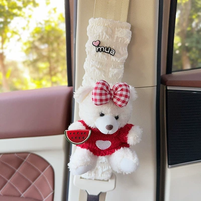 Car Creative Puff Belt Cover | Seat belt shoulder pad - white-bear-watermelon-red-sweater-one-puff-plaid-shoulder-guard