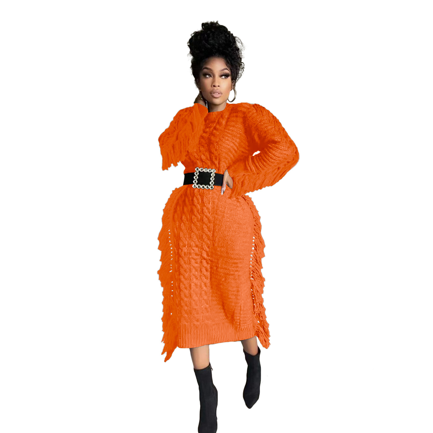Robe pull femme avec franges longues en maille pour l'hiver_voghion.com
