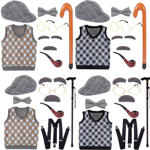 Halloween senior costume set for children, including elderly grandma and grandpa costumes, wigs, vests, and beards for kids' performances.