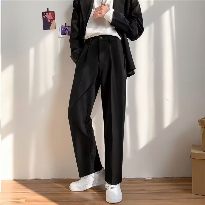 Spring and Autumn Simple Straight-Leg Casual Pants with Drape, Floor-Length Dress Pants for Men, Loose Korean-Style Drape Dress Pants, Wide-Leg Casual Pants