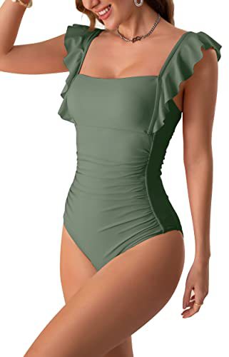2023 Traje de baño de una pieza fruncido con volantes, espalda descubierta y efecto adelgazante para mujer de Amazon.