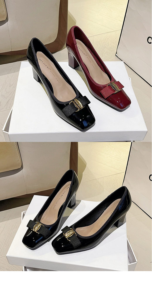 Giày Mary Jane nữ cao gót gót thô mũi vuông thắt nơ, miệng nông, gót 6–8 cm — rượu vang đỏ, đen chi tiết 10