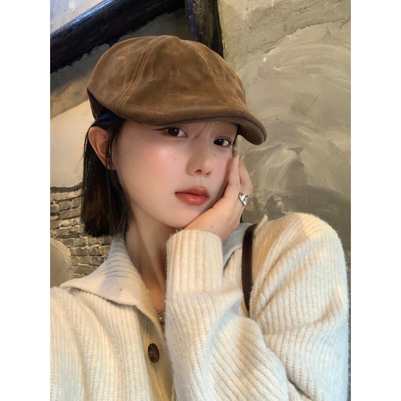 日系复古麂皮绒咖色前进帽女大头围显脸小文艺百搭反戴贝雷帽子潮|undefined