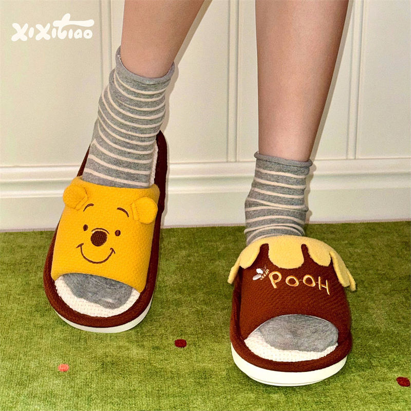 Thin Strips of Fun Cartoon Winnie the Pooh Cotton and Linen Slippers for Men and Women Sweat-Absorbent Home Spring and Summer Couple Cute Floor Shoes