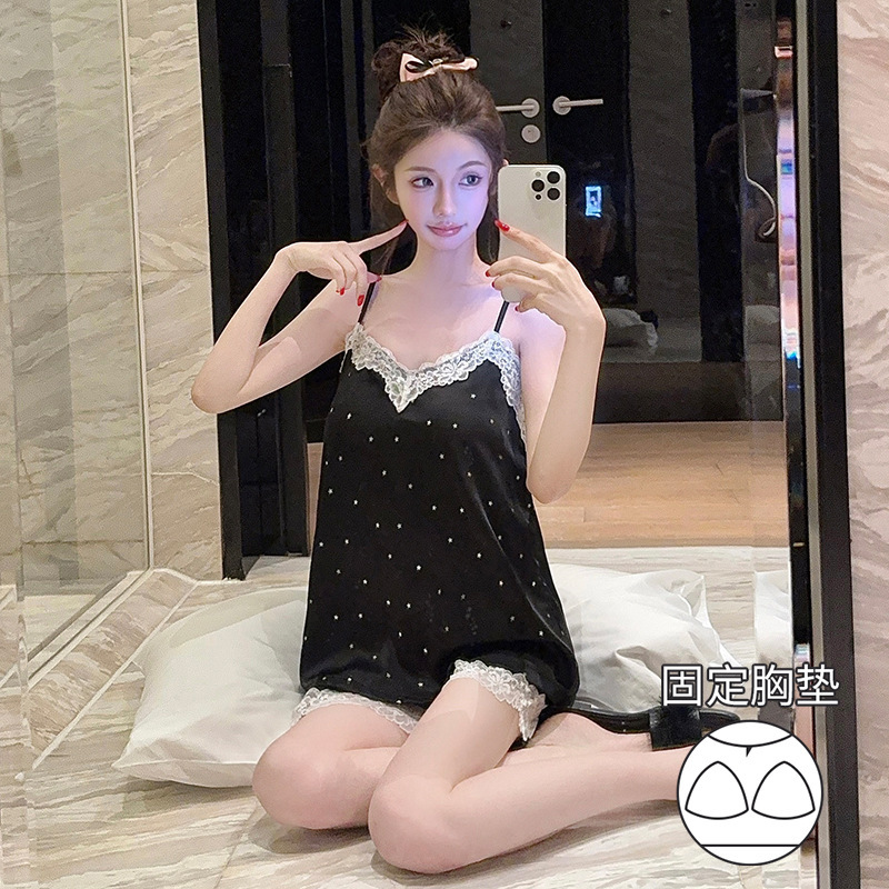 Verneis Summer Pajamas, Suspender Shorts, Ice Silk Suit, High-End Lace Sexy Home Wear with Breast Pads