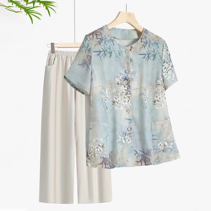Summer Shirts for Middle-Aged and Elderly Women, Ice Silk Tops, Short-Sleeved Two-Piece Suits for Grandmothers, Thin Summer Shirts for Mothers