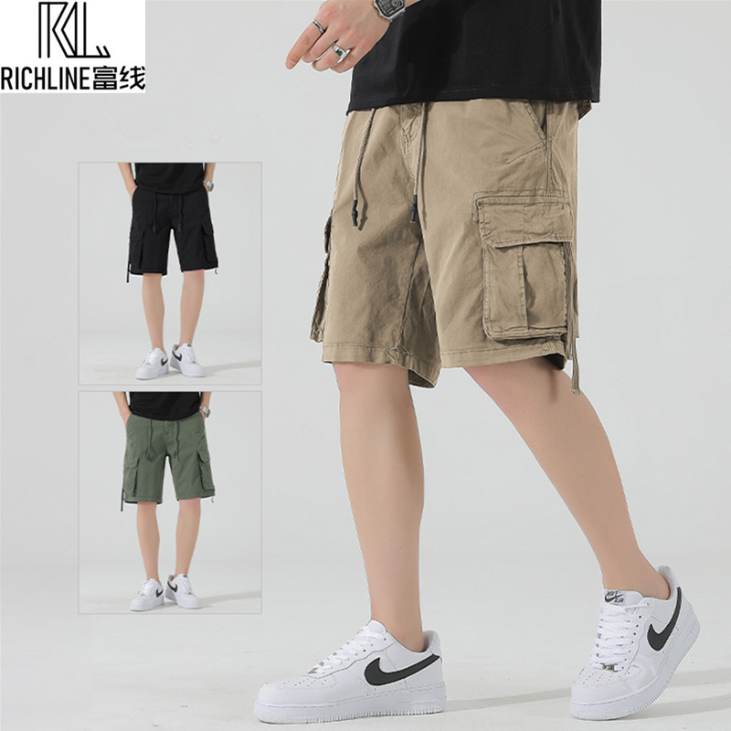 Rich line cropped pants for boys summer new versatile plus size straight simple loose casual pants workwear sports shorts men's pants