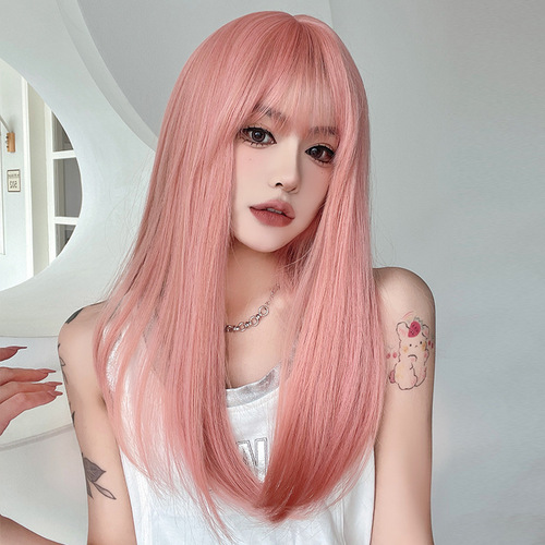 Wig for women with medium and long hair, daily round face, lolita straight hair, whitening, grapefruit pink, internet celebrity, fashionable air bangs headgear