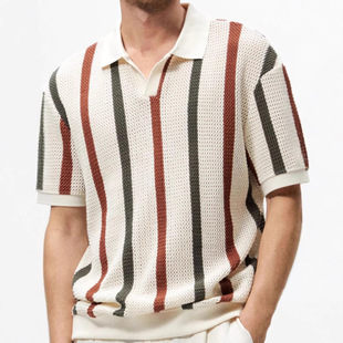 Korean-style Hollow-out Mesh Contrast Striped POLO Shirt Men's Summer Fashionable Loose Design Sense Casual Knitted Top Clothes