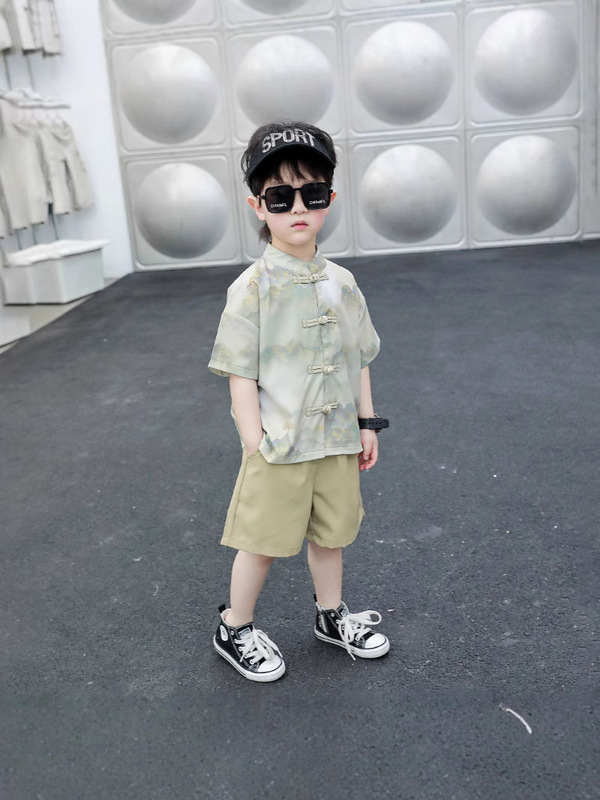 子供の漢服のスーツの夏服の男の子の新しい中国風の半袖のシャツの半ズボンの2つのセットの赤ちゃんの1歳のドレス|undefined