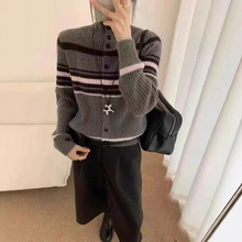韩系休闲条纹简约风高领撞色开衫女2025秋冬新款时尚百搭显瘦毛衣